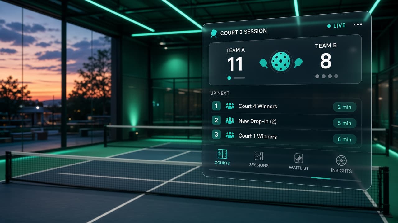 Indoor pickleball courts with a live session board overlay